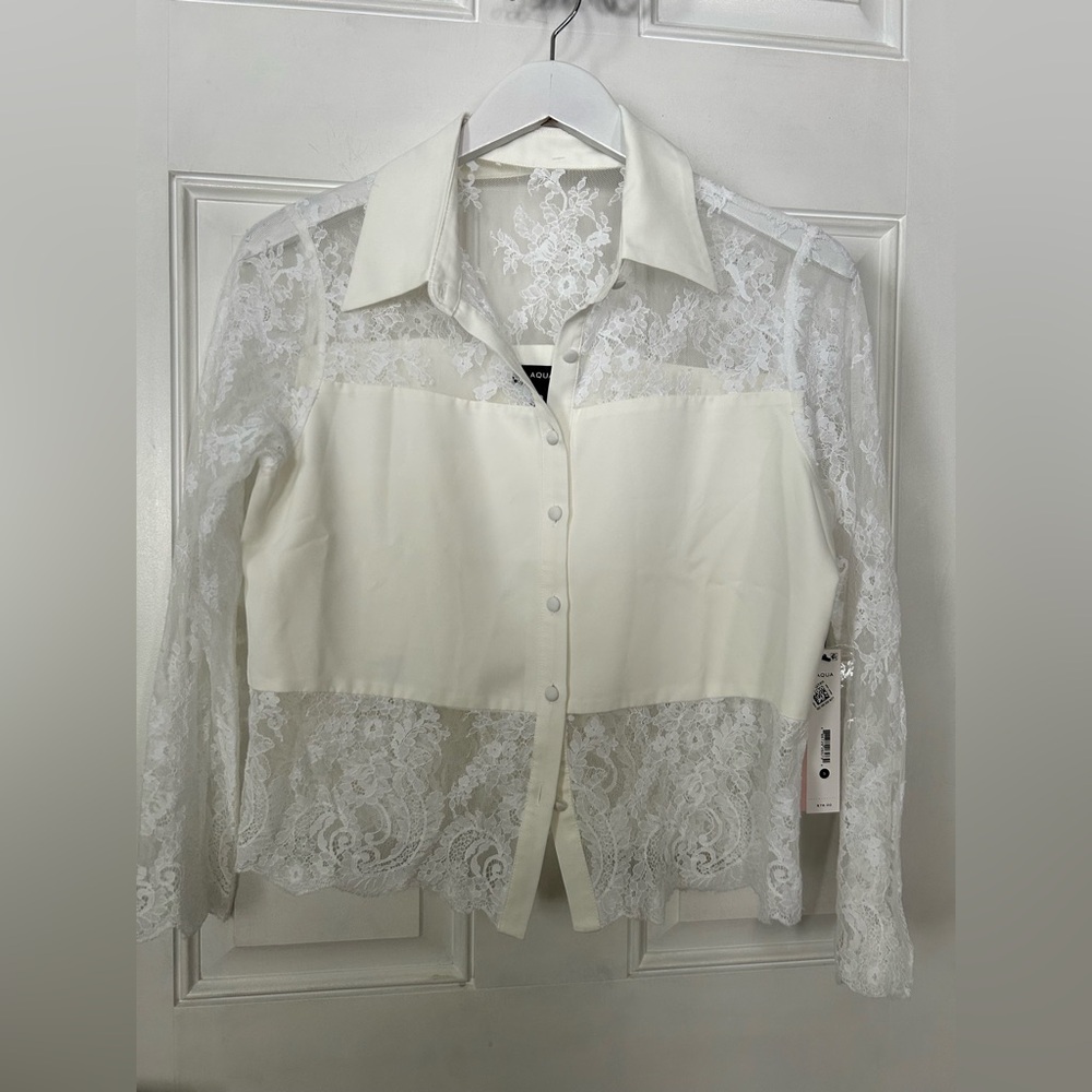 Aqua White Lace Button-Up Blouse